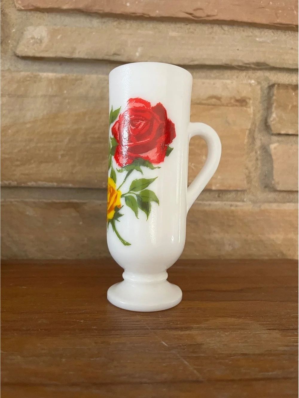 Vintage Milk Glass Pedestal Mug with Red and Yellow Rose Design, 6 Inches Tall